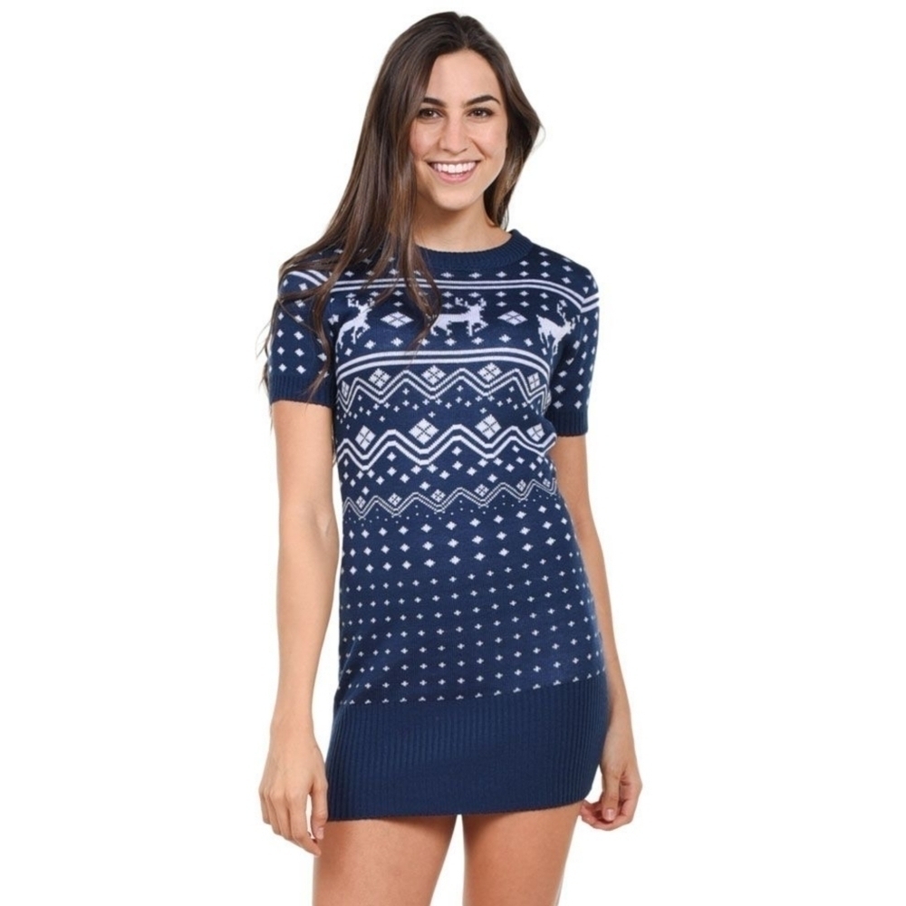 Tipsy Elves Sweater Dress Christmas Blue Reindeer Fair Isle Large